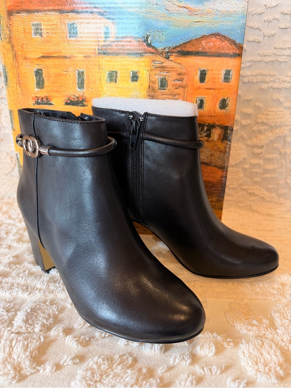 Bella Vita Classic Black Leather Ankle Booties with Ring Accent #689